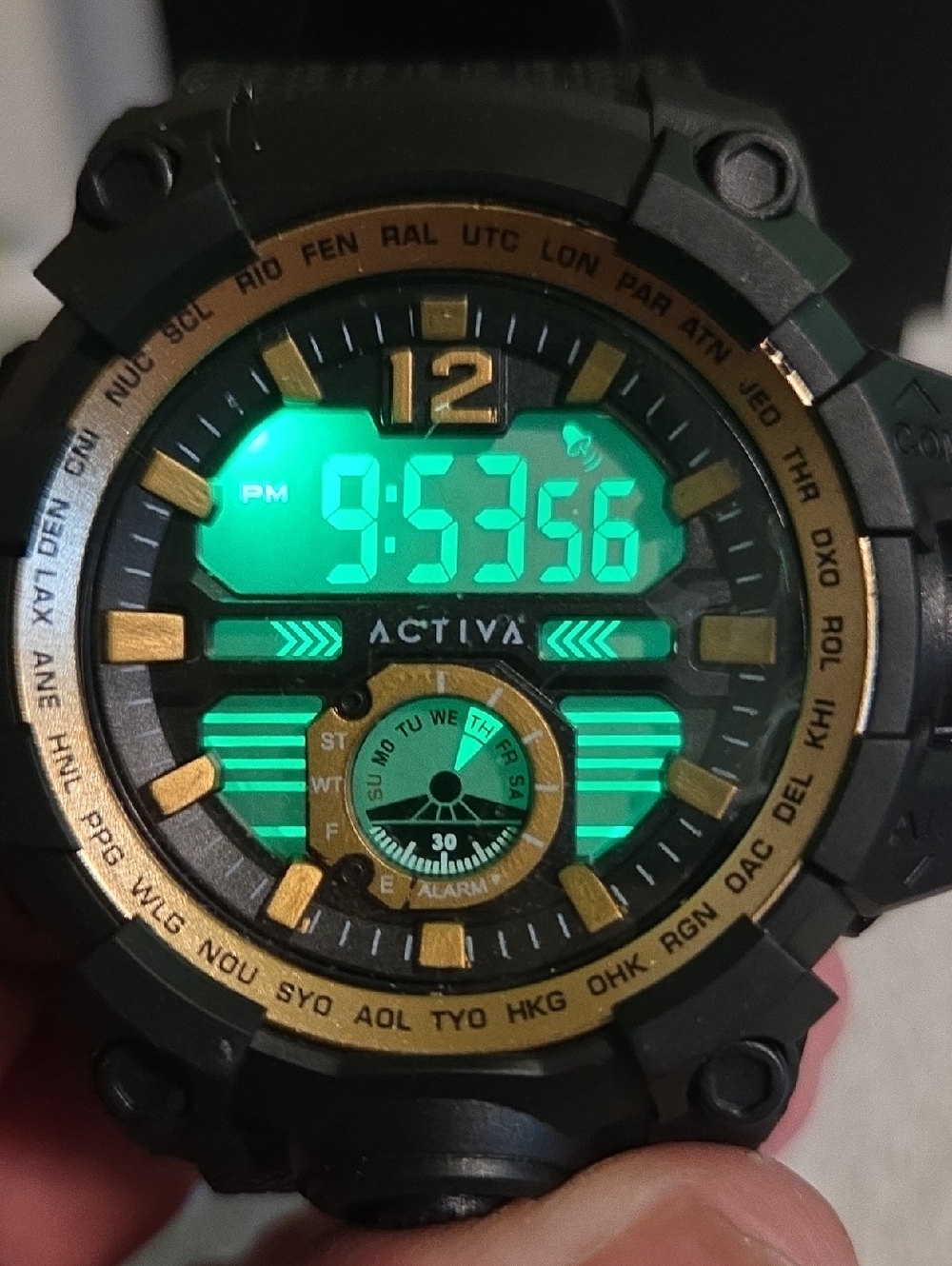 Ativa Black Watch with Gold Accents and Green Backlight